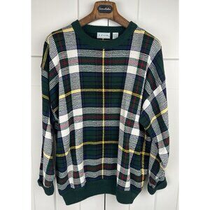 Vintage IZOD Men's Plaid Sweater L Green Tartan Chunky Knit Preppy 90's